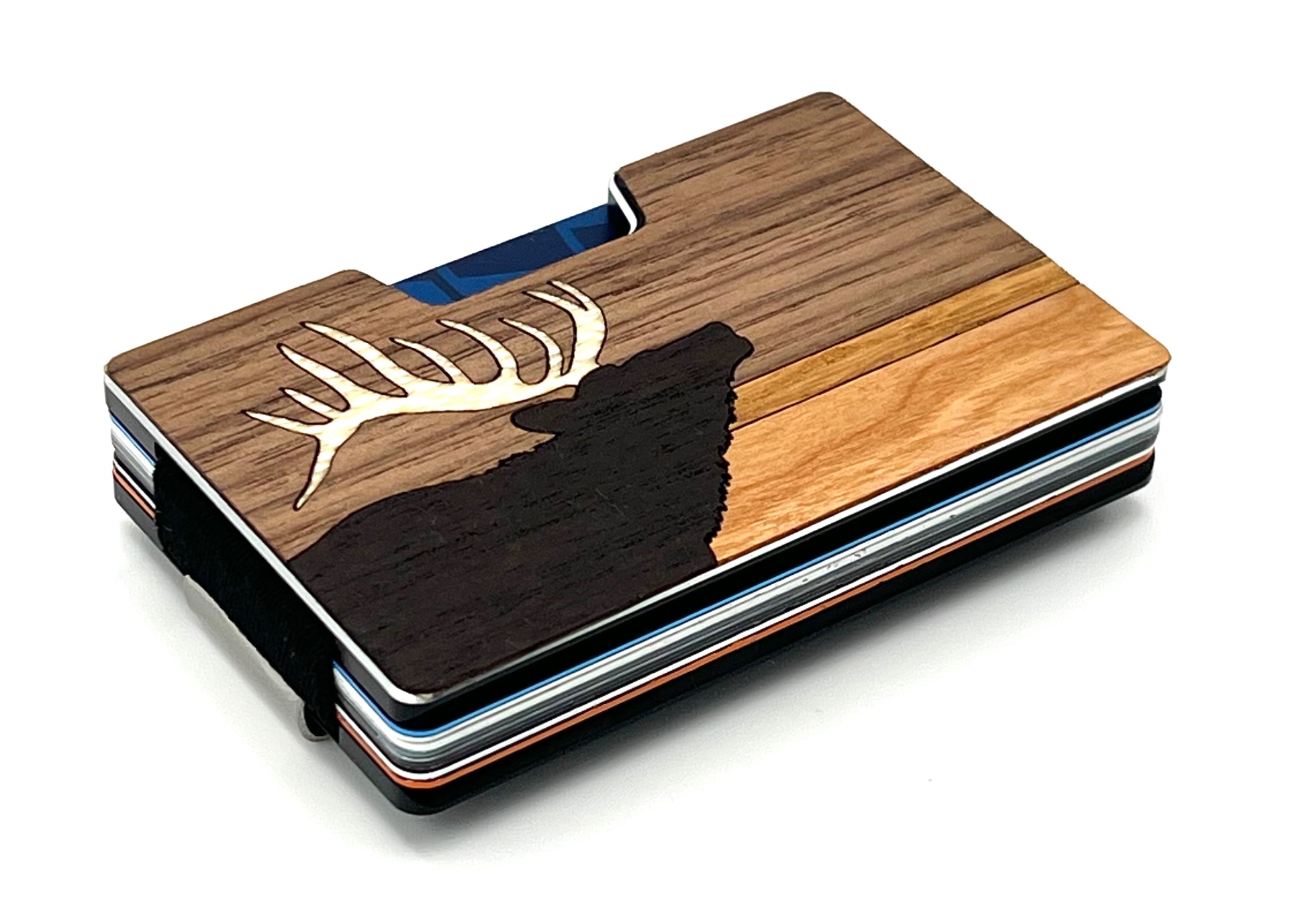Angled view of the bugling elk wood inlay wallet