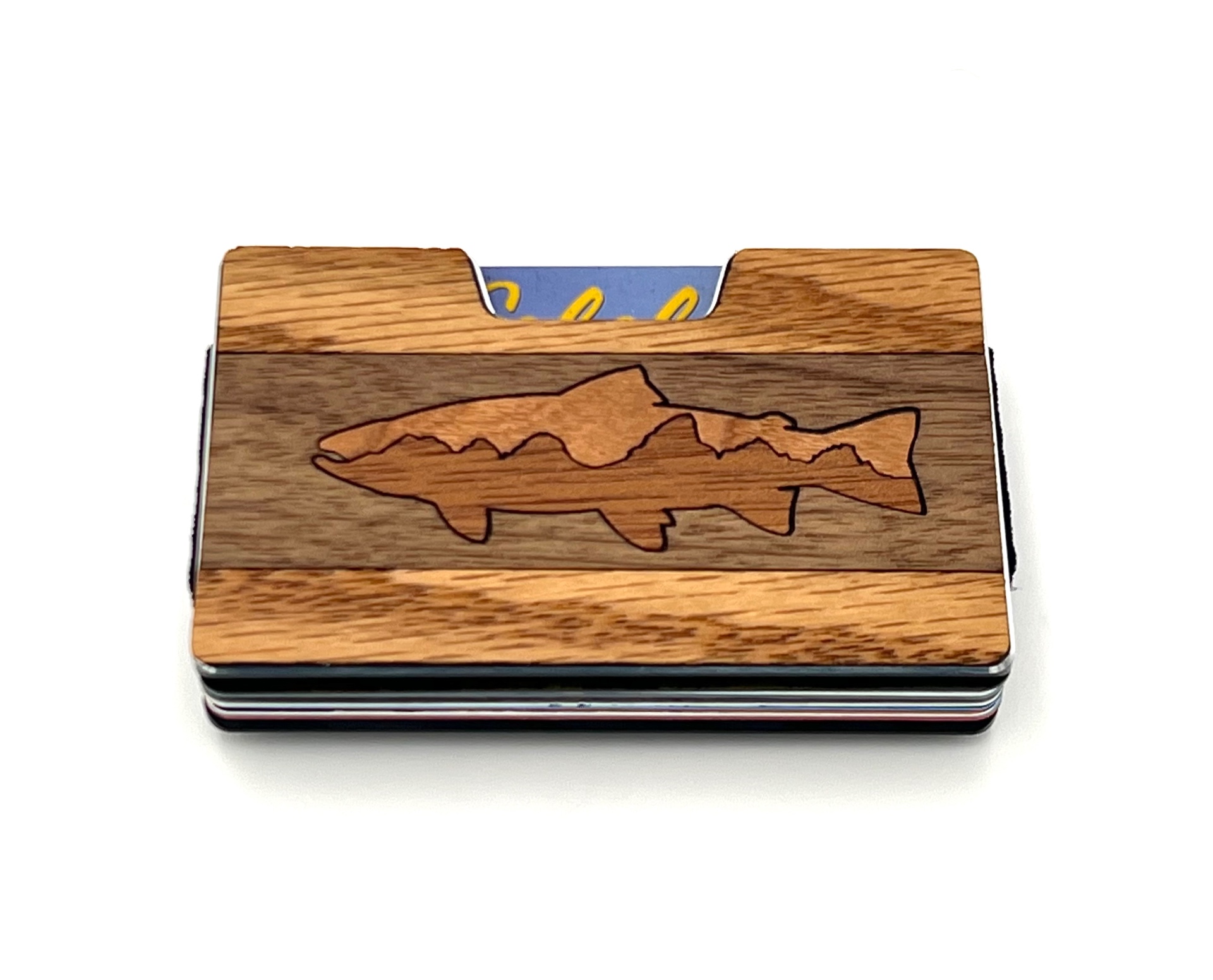 Wood inlay wallet with a cherry trout set into oak and walnut bands
