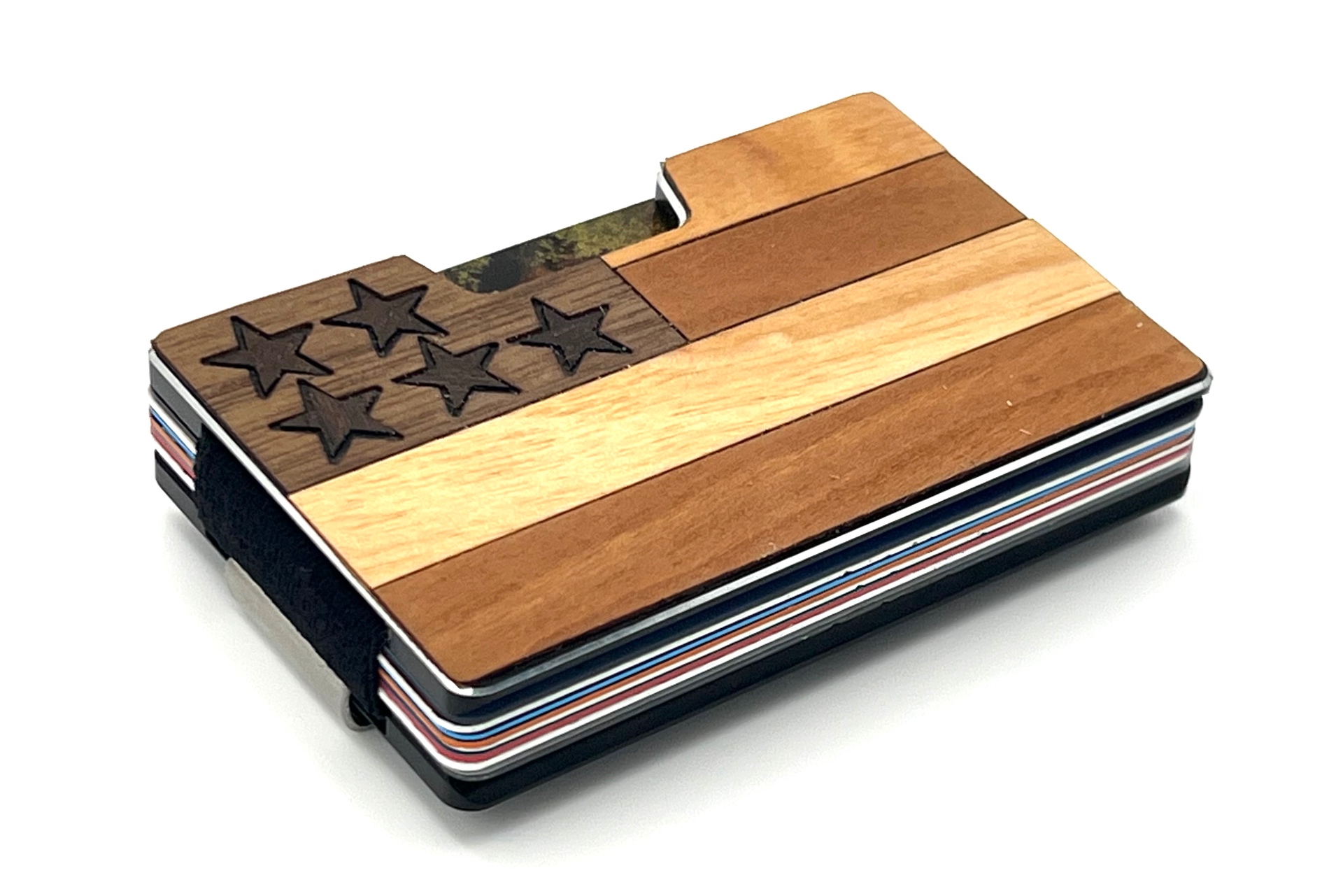 Angled view of the five-star wood inlay flag wallet