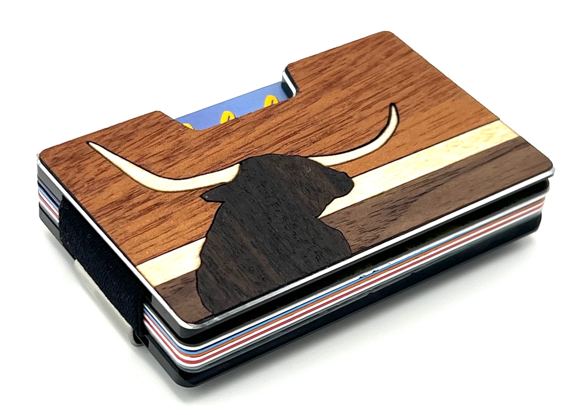 Angled view of the longhorn silhouette wood inlay wallet