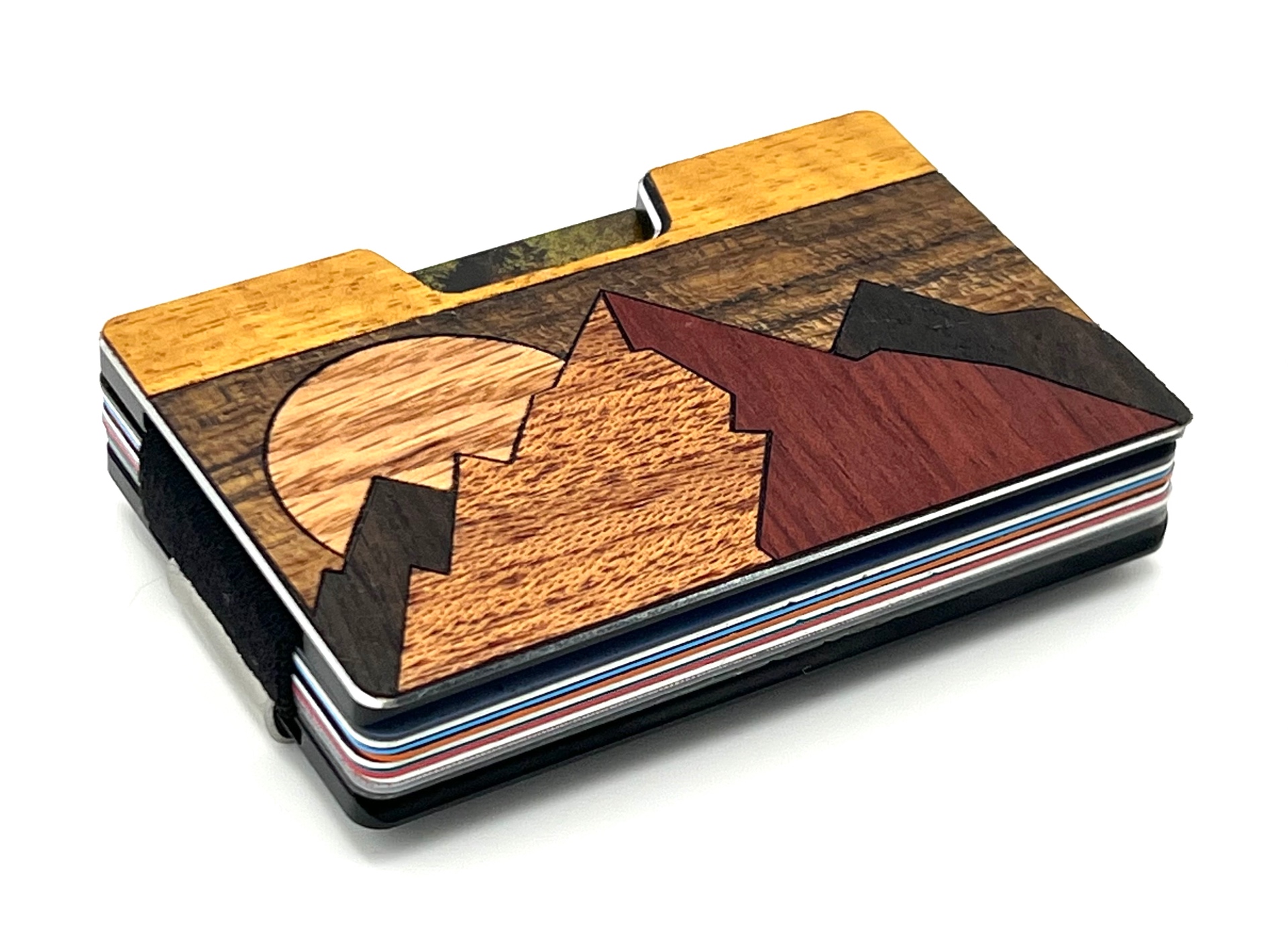 Angled view of the layered mountain peaks wood inlay wallet