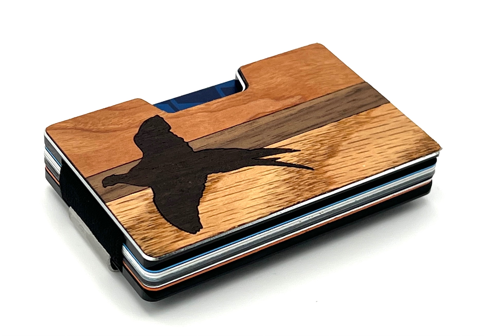 Angled view of the flying pheasant wood inlay wallet