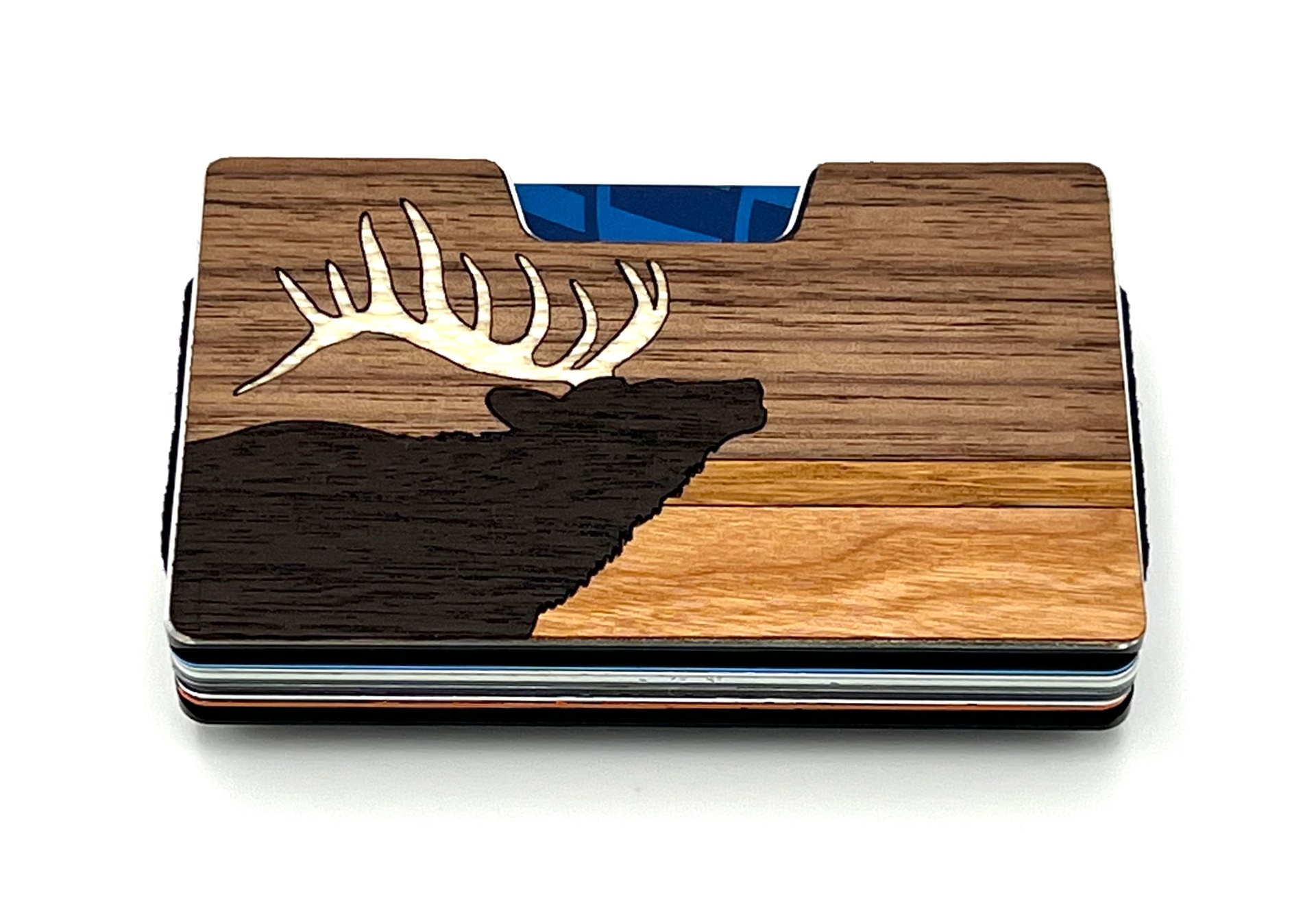Wood inlay wallet with a bugling elk and pale antlers