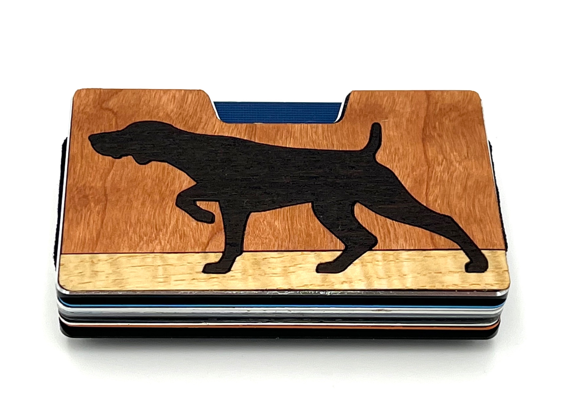 Wood inlay wallet with a black pointer bird dog on cherry