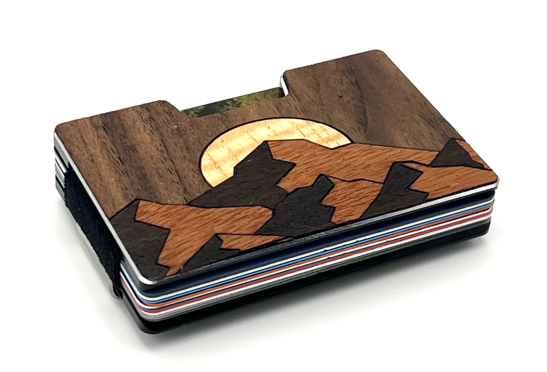 Angled view of the geometric mountain range wood inlay wallet