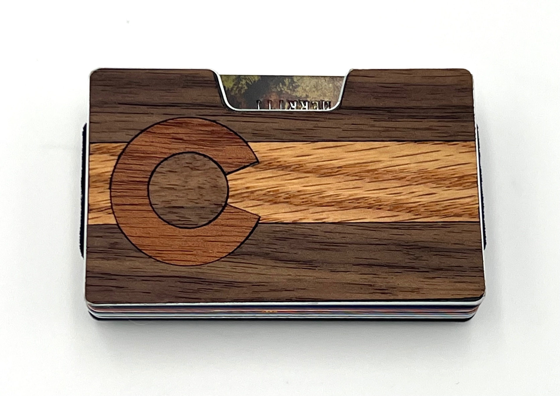 Wood inlay wallet with the Colorado flag C in cherry, oak and walnut