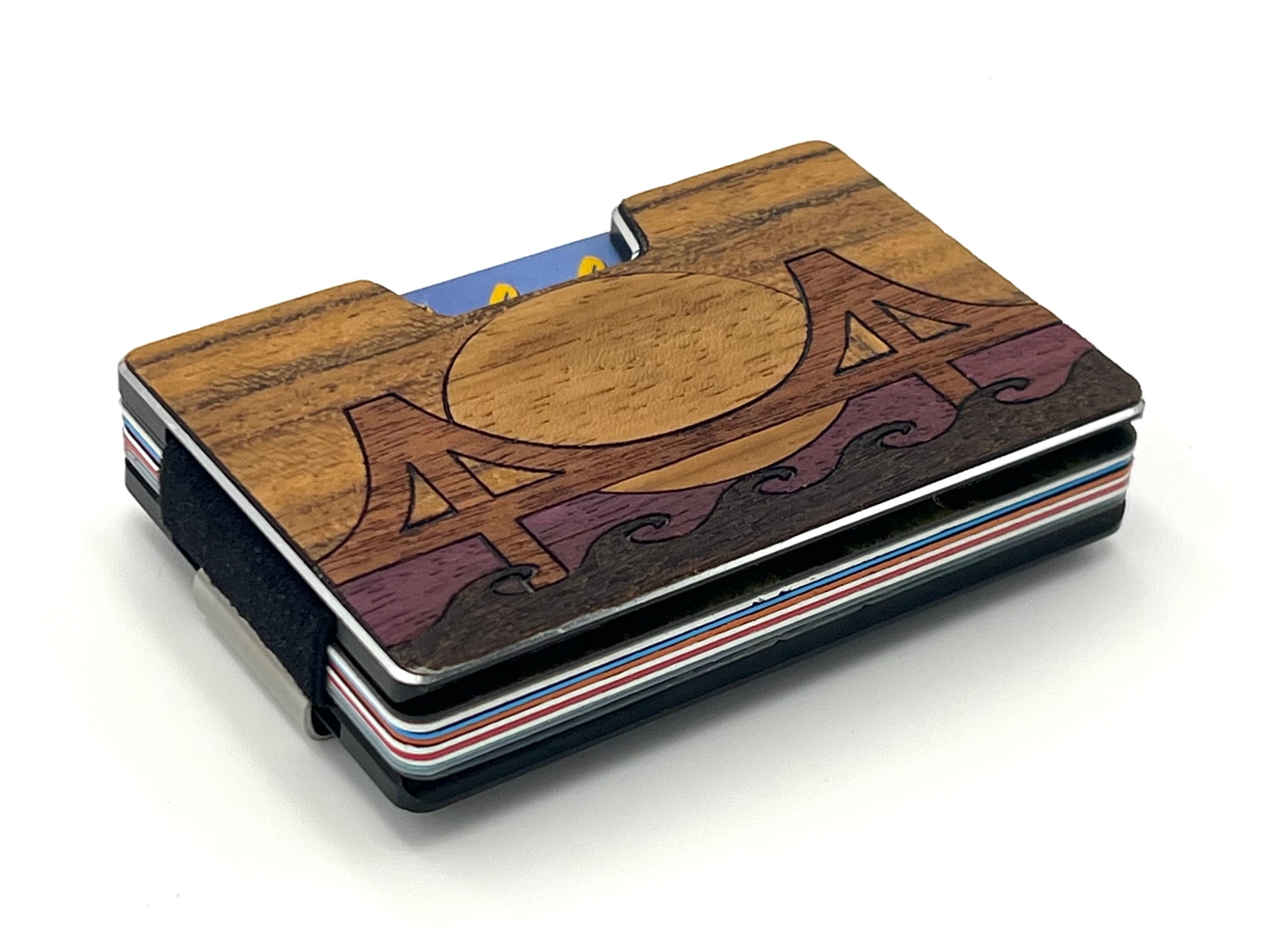 Angled view of the suspension bridge wood inlay wallet
