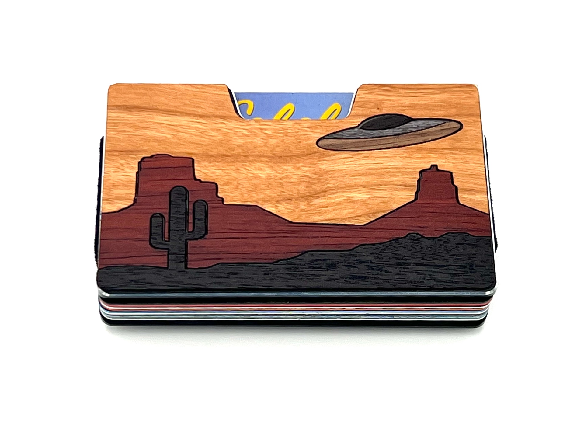 Wood inlay wallet with a desert mesa, saguaro cactus and flying saucer