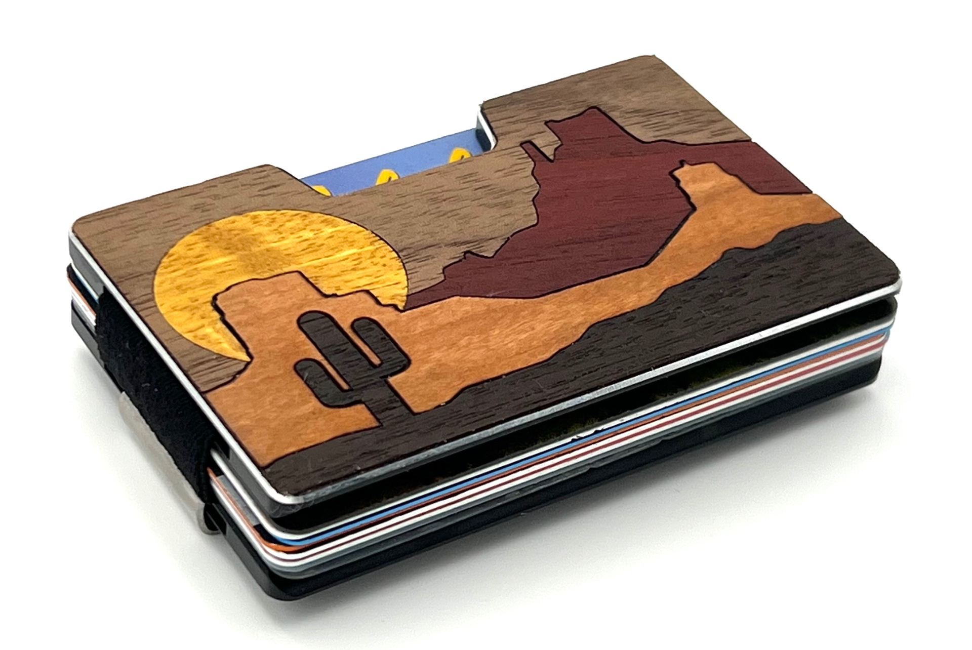 Angled view of the desert sunrise wood inlay wallet