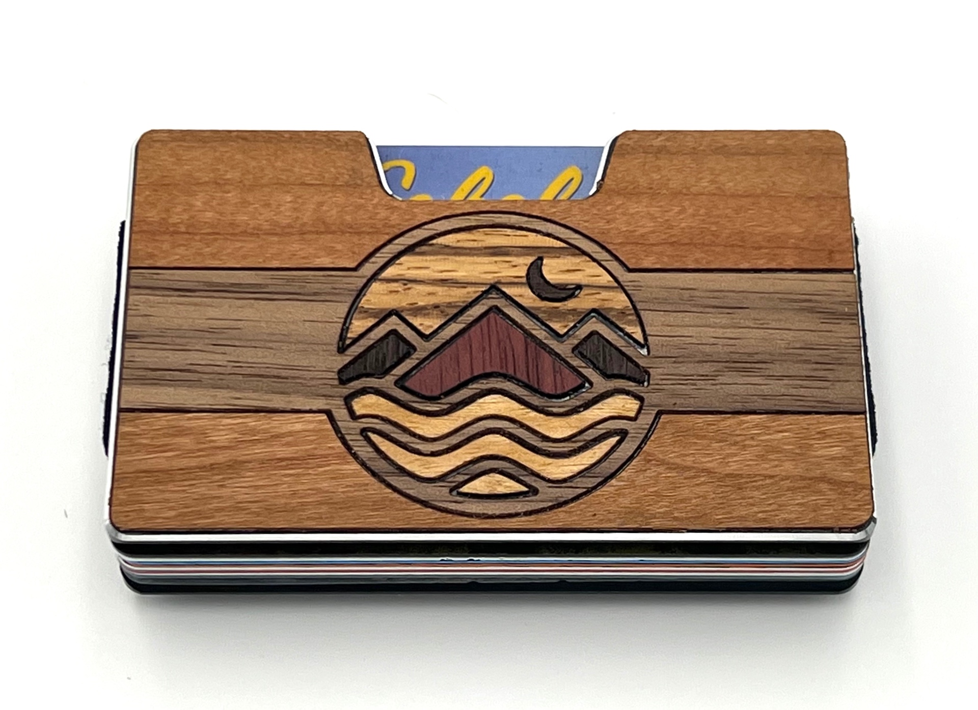 Circular mountains, moon and waves wood inlay wallet