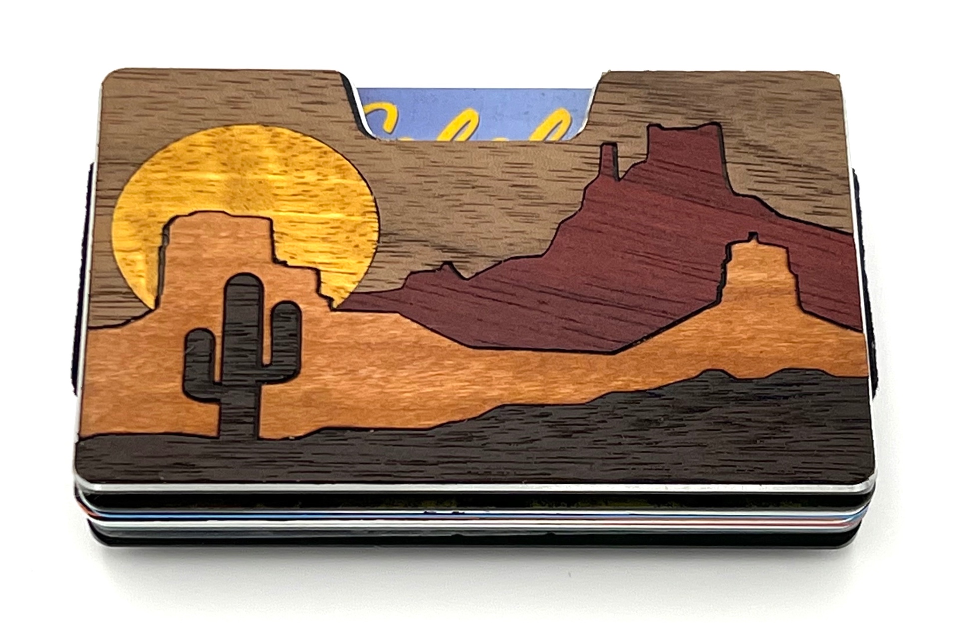 Desert mesa, cactus and sun wood inlay wallet