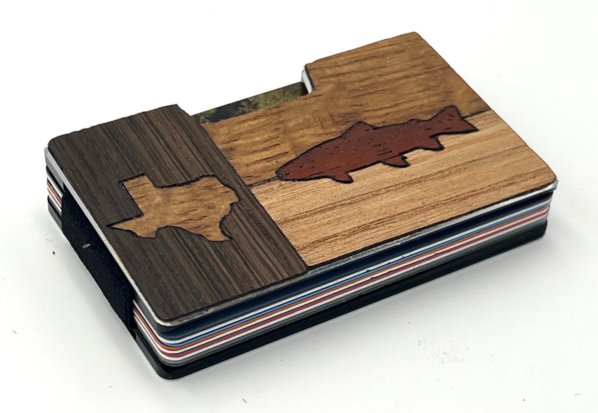 Angled view of the Texas and trout wood inlay wallet