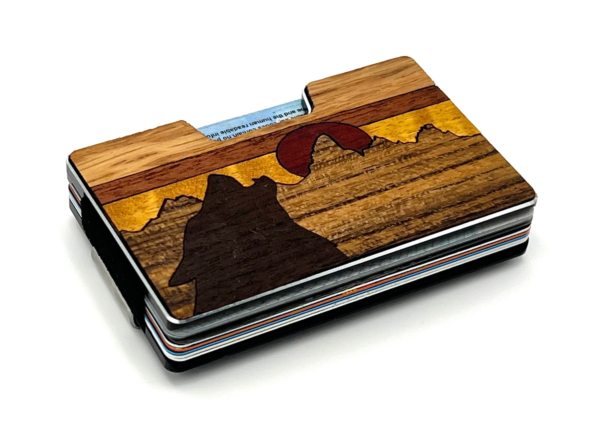 Angled view of the red sun ridge wood inlay wallet