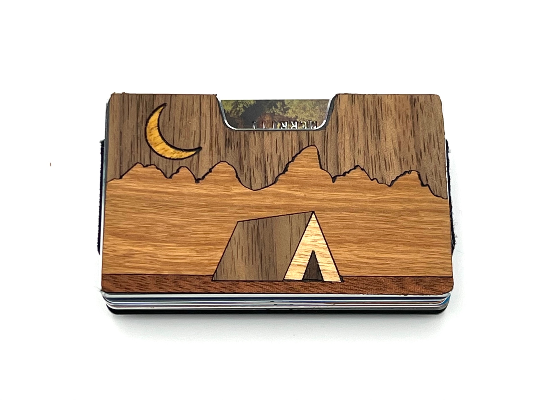 Camping tent, mountain ridge and crescent moon wood inlay wallet