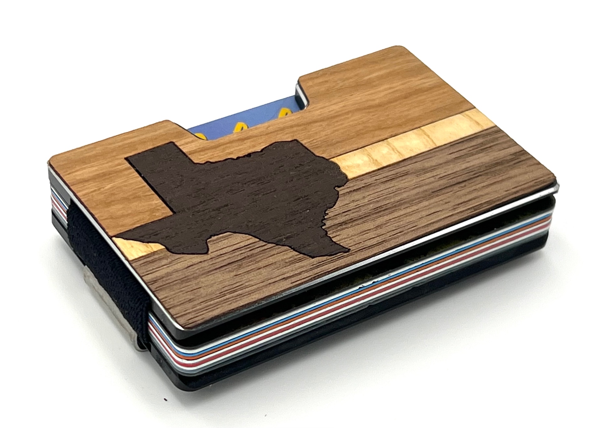Angled view of the Texas silhouette wood inlay wallet