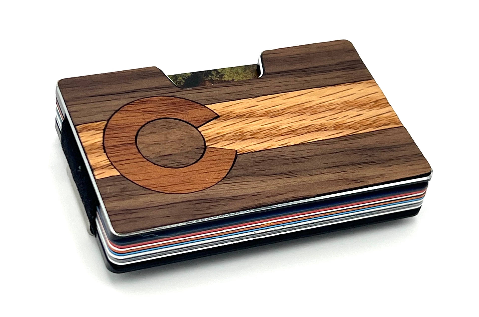 Angled view of the Colorado flag wood inlay wallet