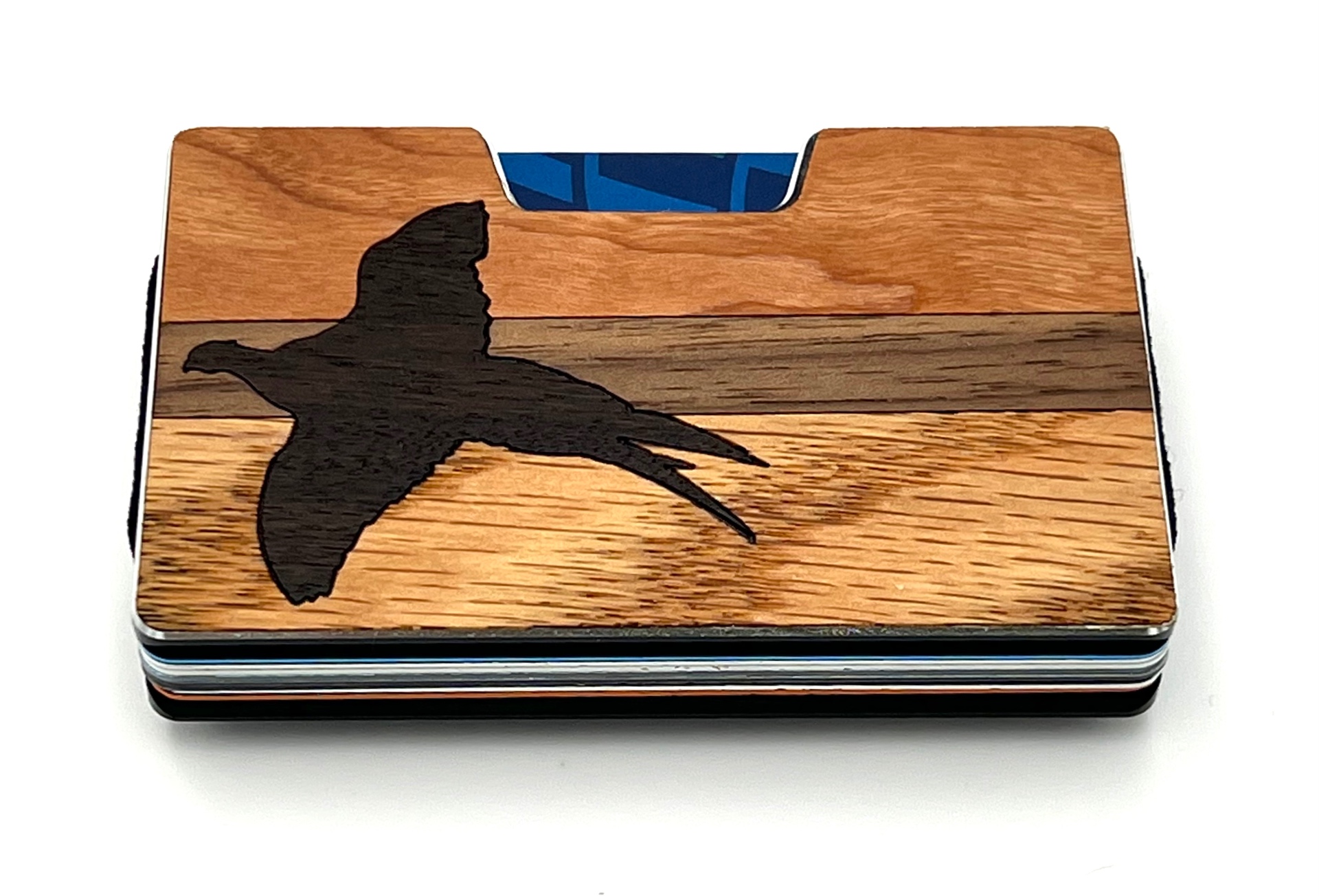 Wood inlay wallet with a flying pheasant in dark walnut