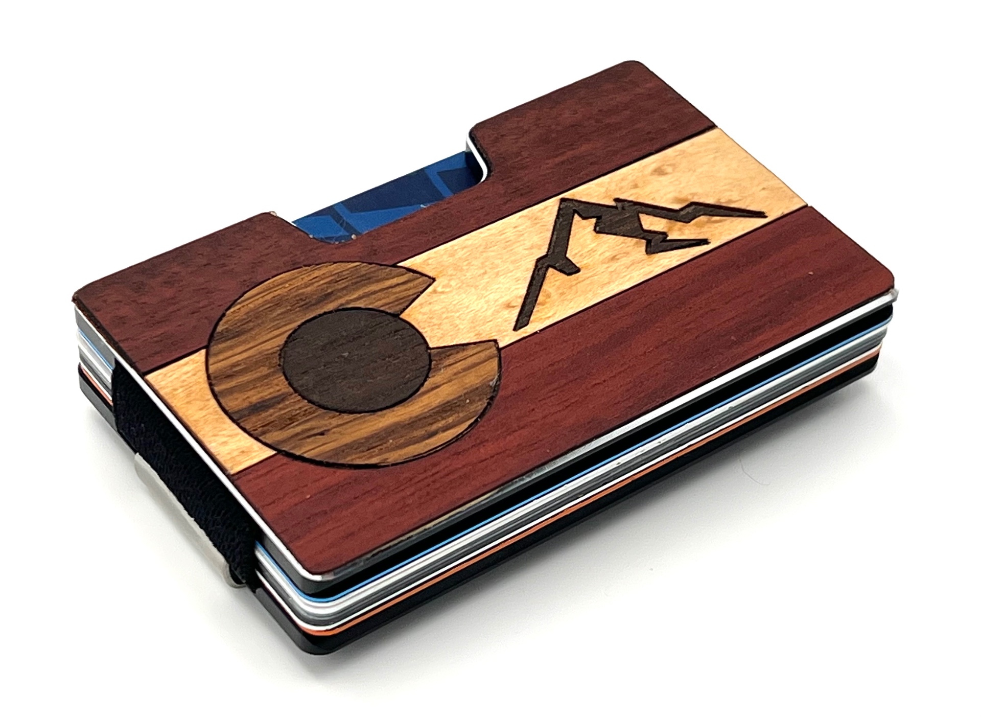 Angled view of the Colorado peaks flag wood inlay wallet