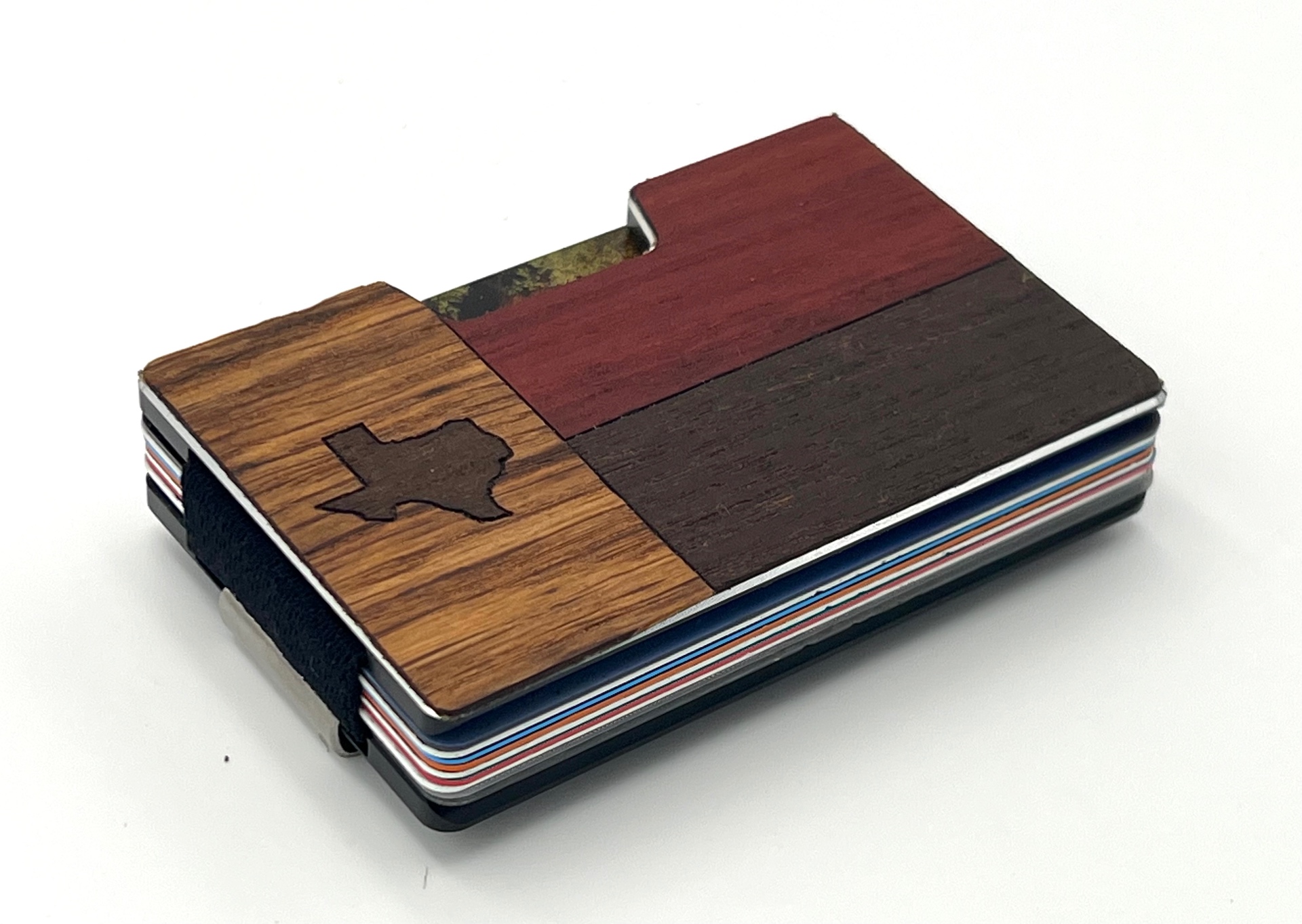 Angled view of the Texas blocks wood inlay wallet