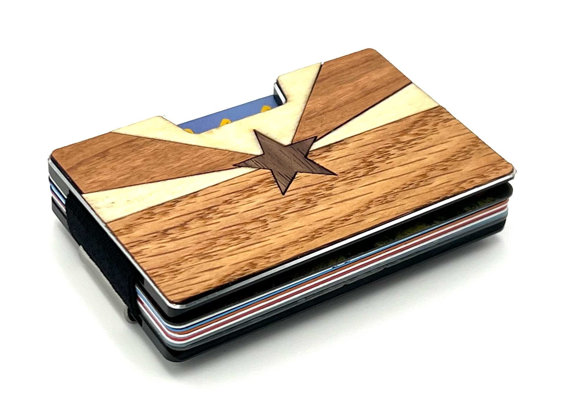 Angled view of the starburst wood inlay wallet