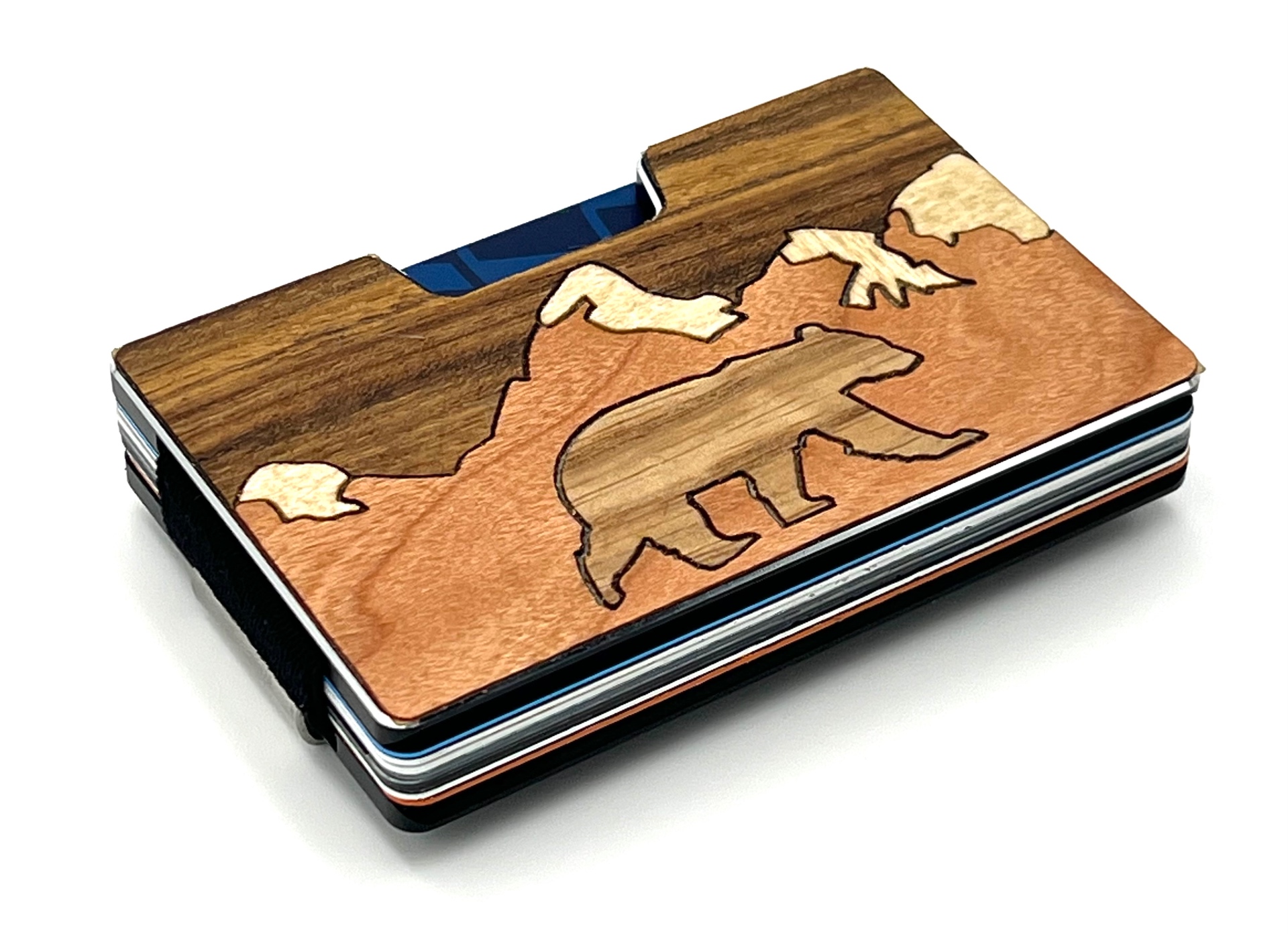 Angled view of the walking bear wood inlay wallet
