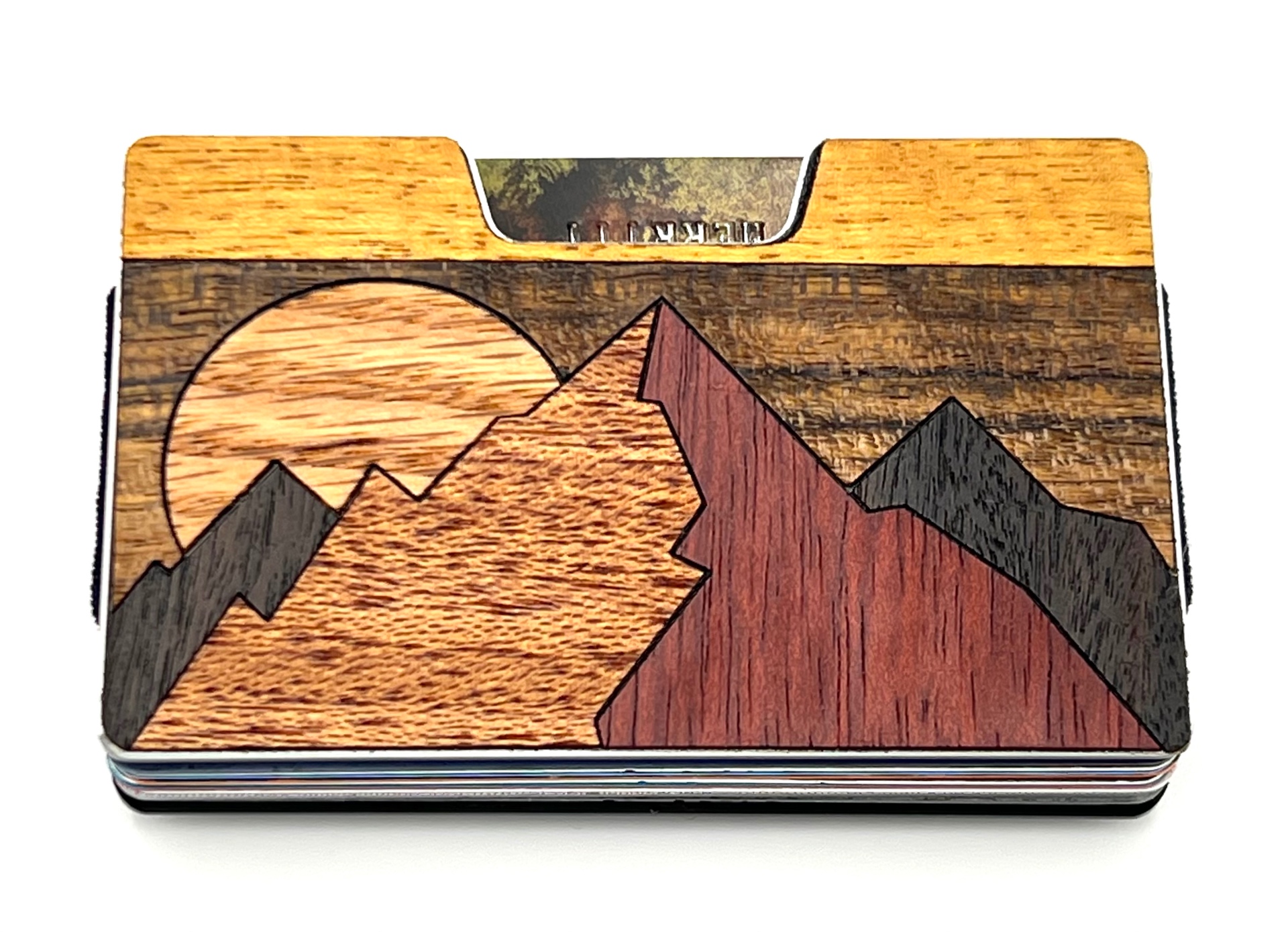 Layered mountain peaks and sun wood inlay wallet