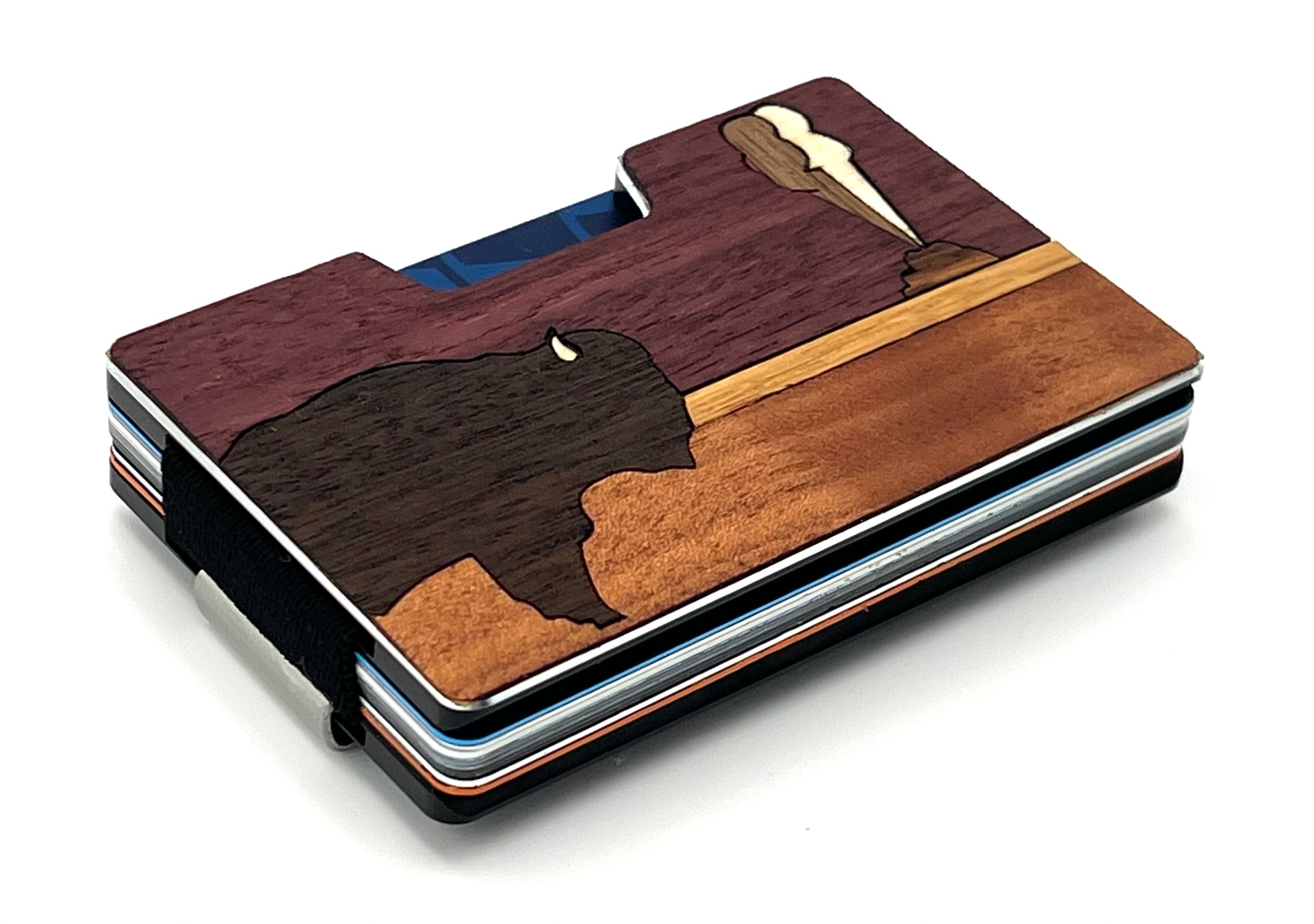 Angled view of the bison and geyser wood inlay wallet