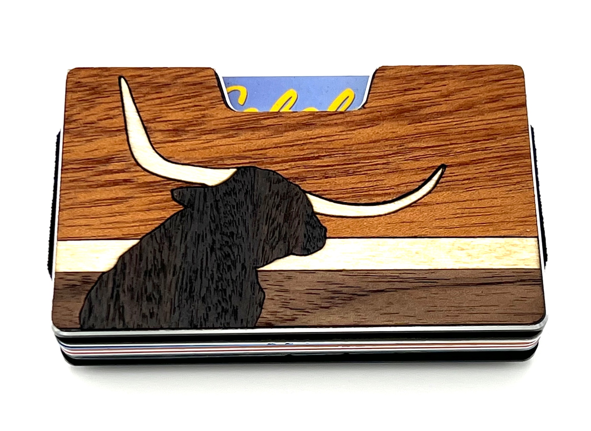 Longhorn silhouette wood inlay wallet with pale horns