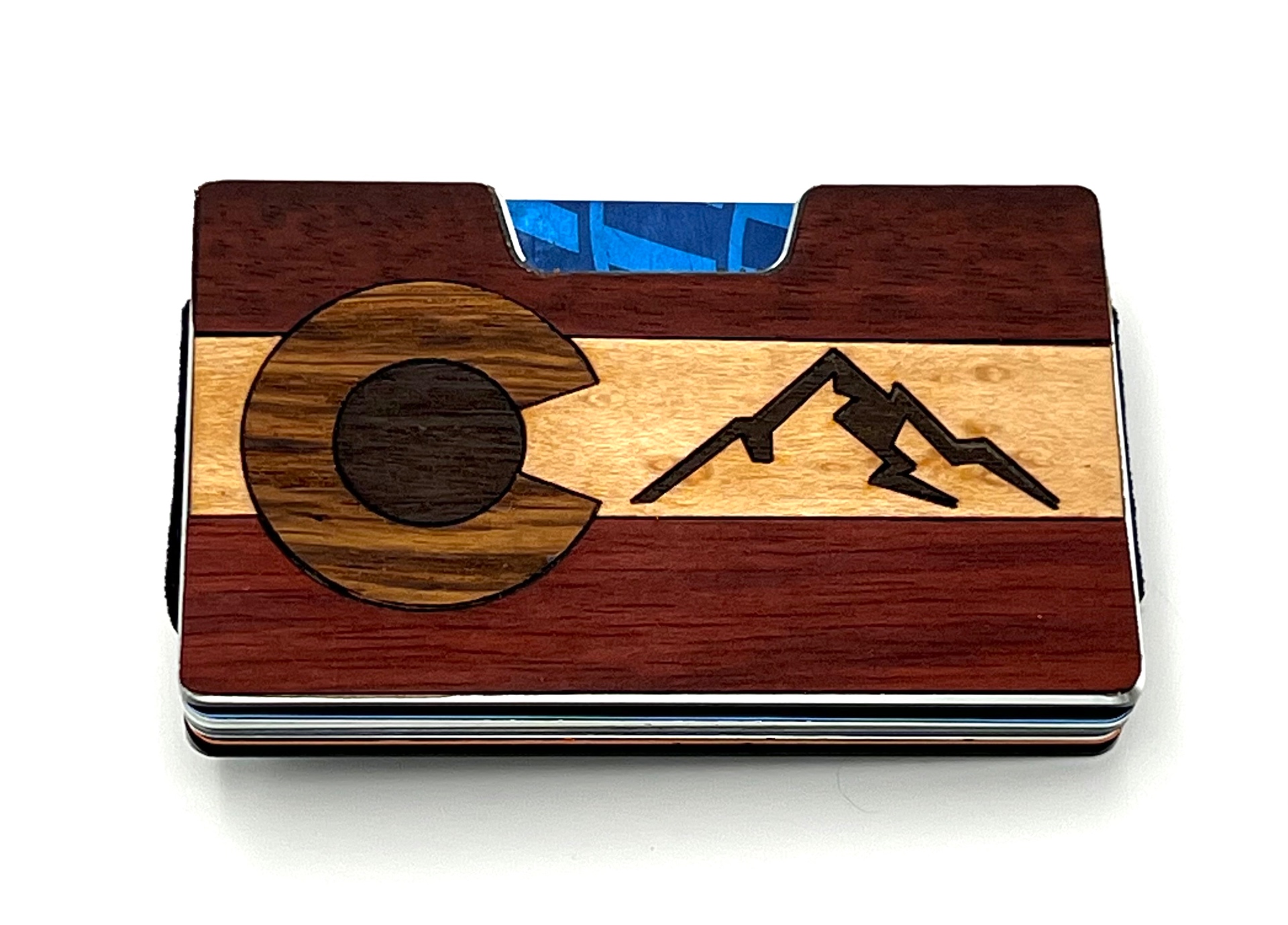 Colorado flag wood inlay wallet with a mountain range