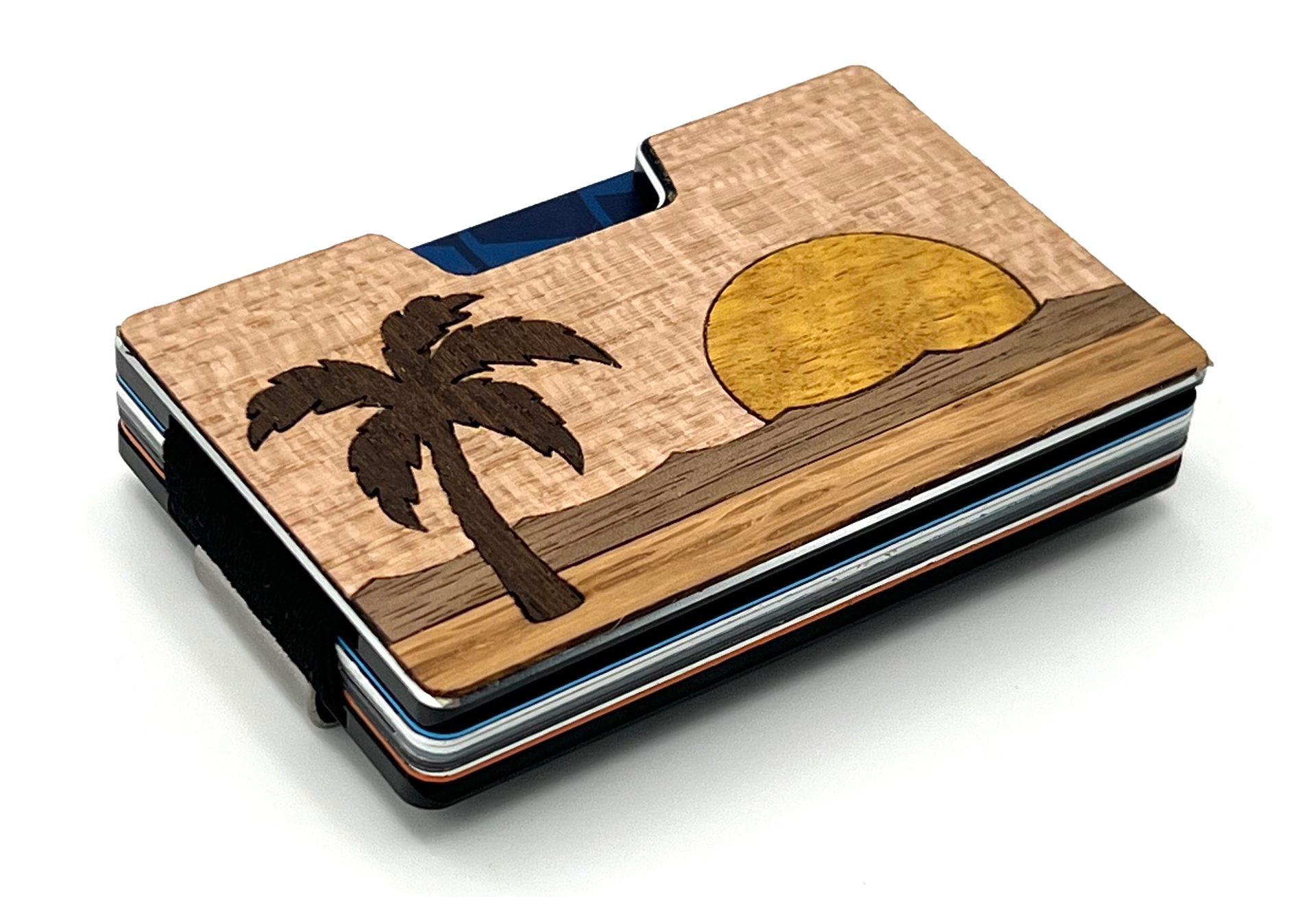 Angled view of the palm tree sunset wood inlay wallet