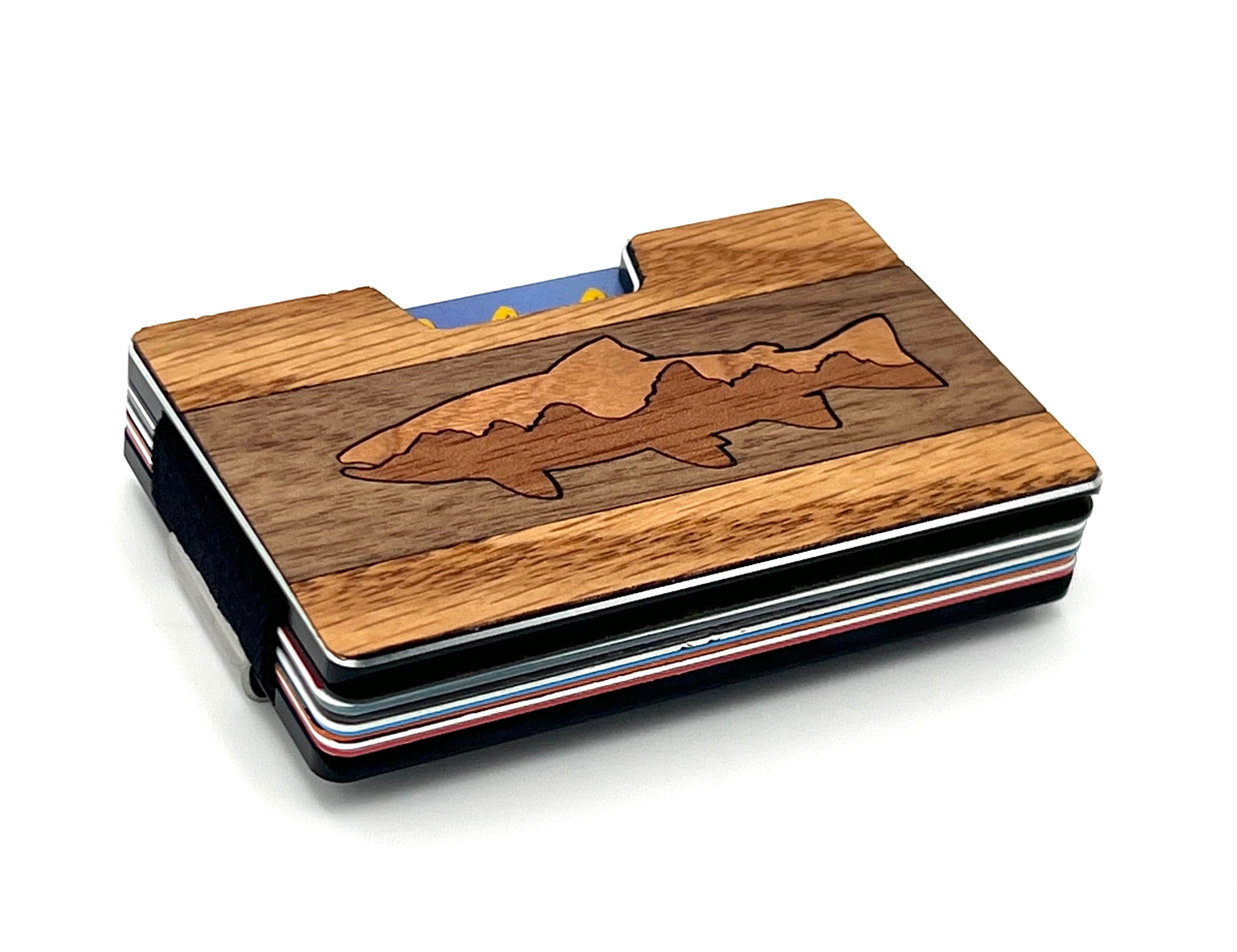Angled view of the trout wood inlay wallet holding cards