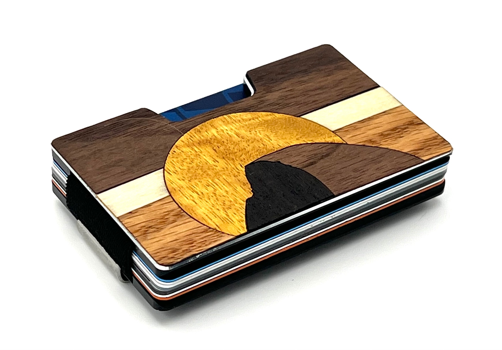 Angled view of the Colorado sun wood inlay wallet