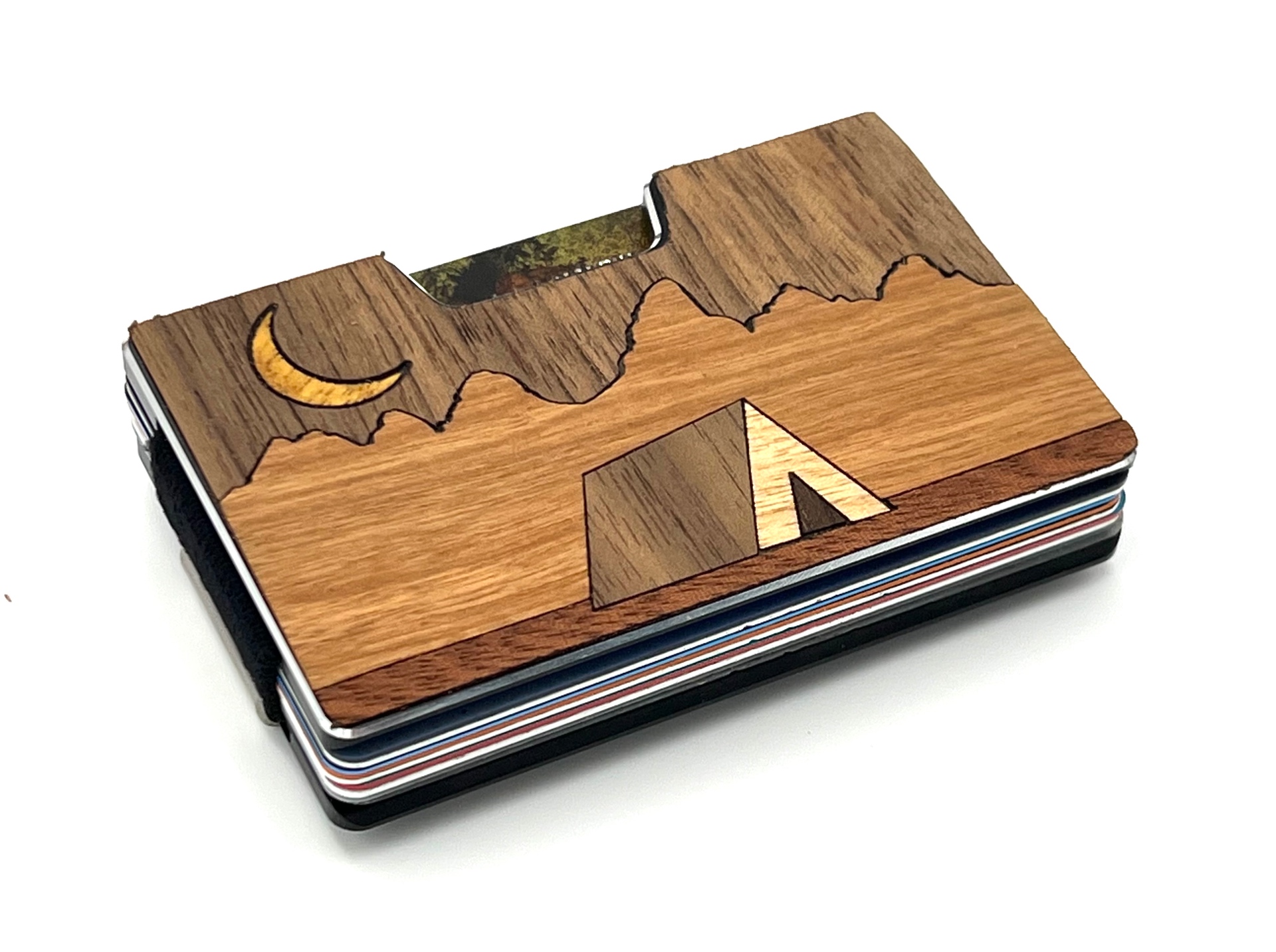 Angled view of the camping tent and mountain wood inlay wallet