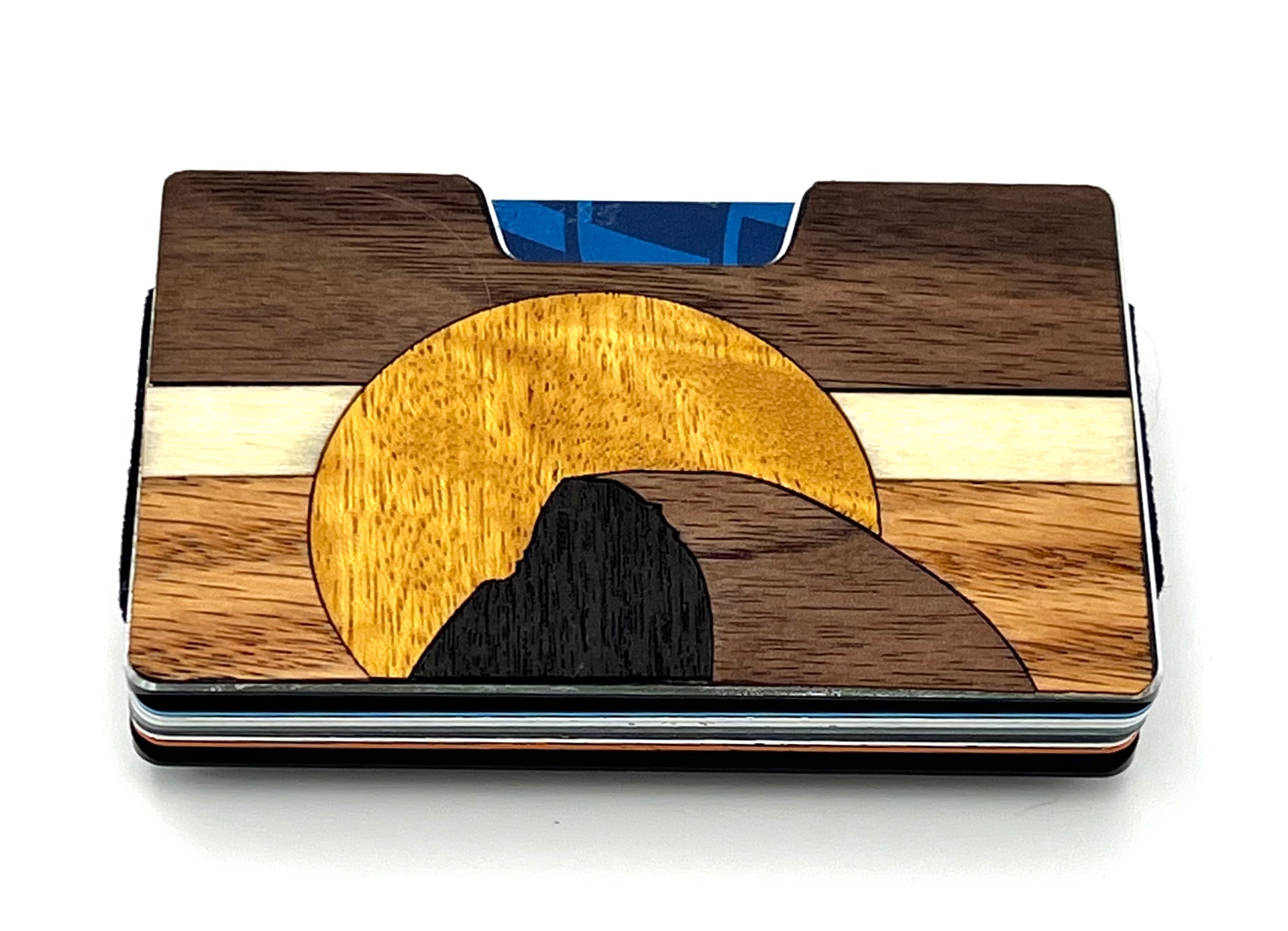 Colorado flag wood inlay wallet with a golden sun and dark peak