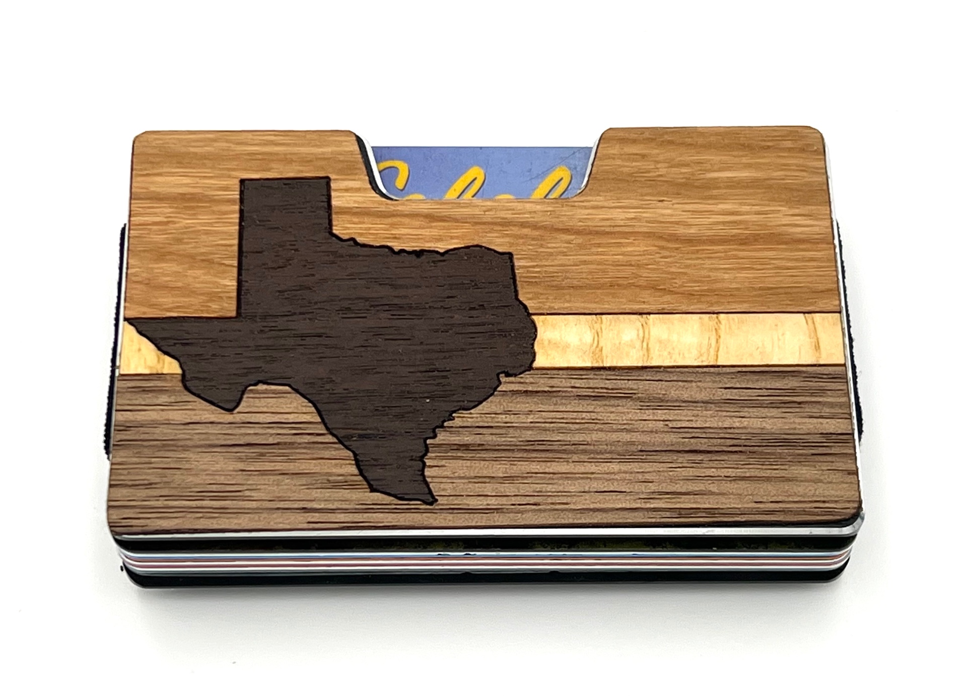 Texas silhouette wood inlay wallet with horizontal bands
