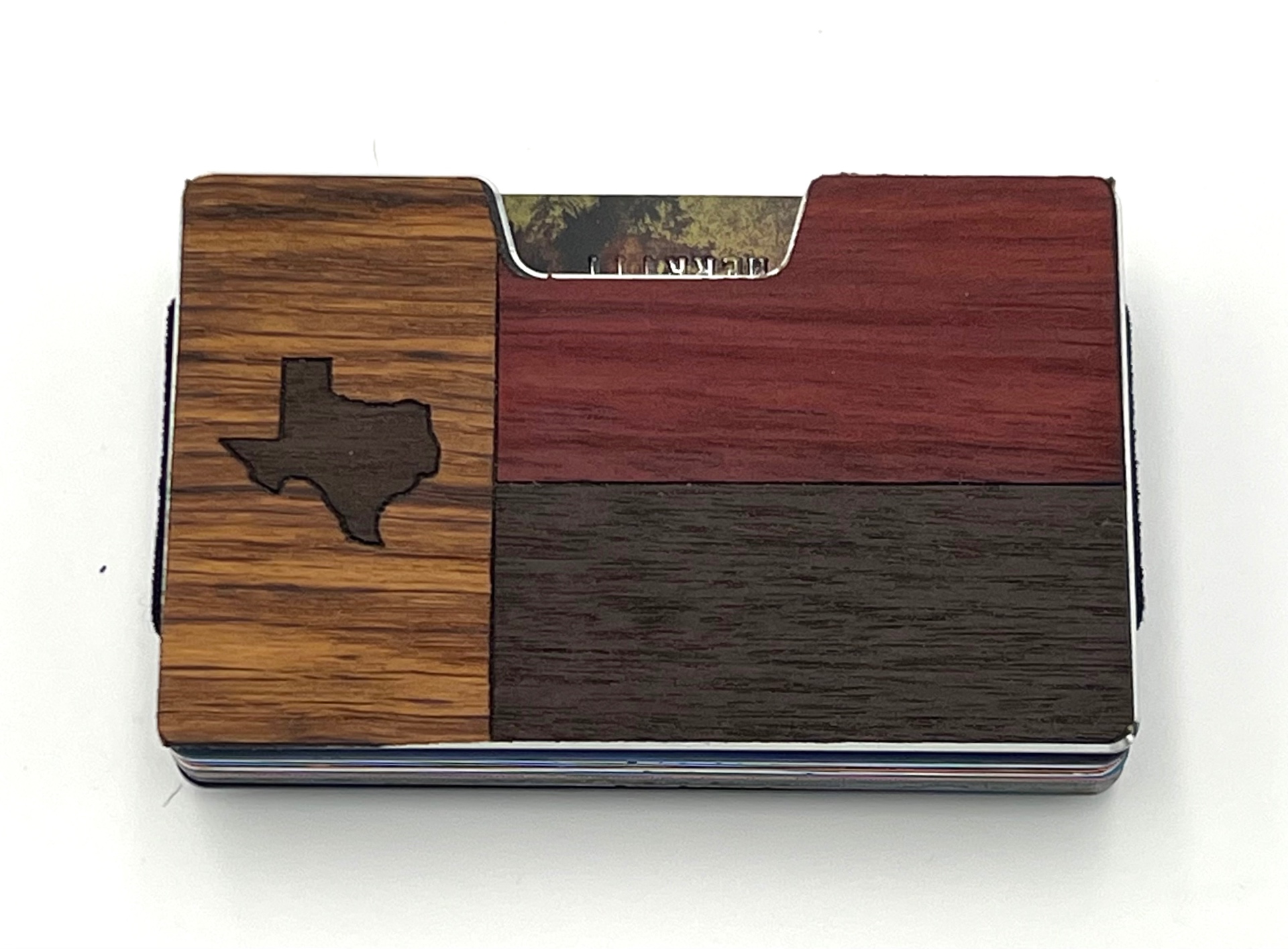 Texas outline wood inlay wallet with red and dark wood blocks