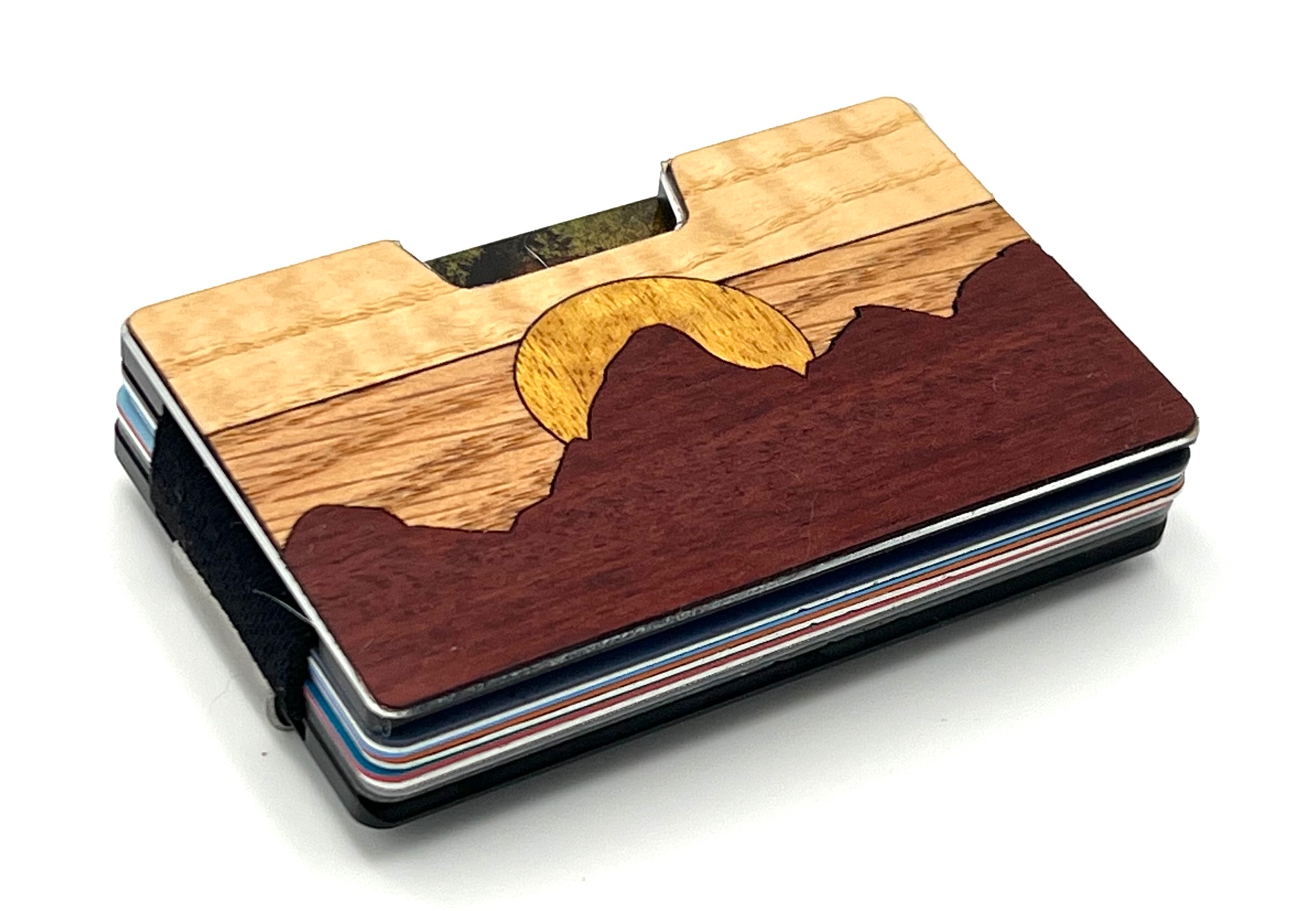 Angled view of the red ridge sunrise wood inlay wallet