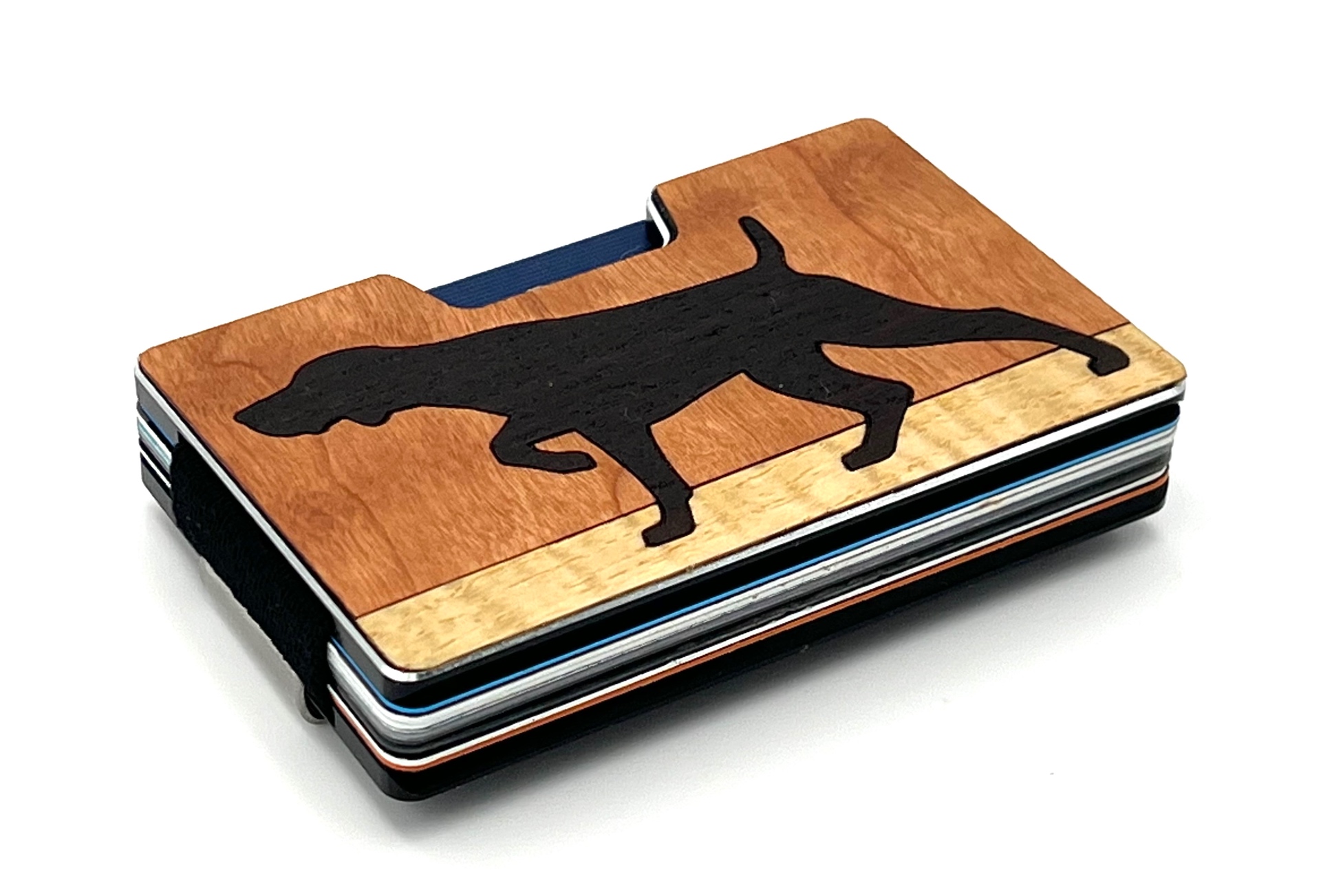 Angled view of the pointer bird dog wood inlay wallet