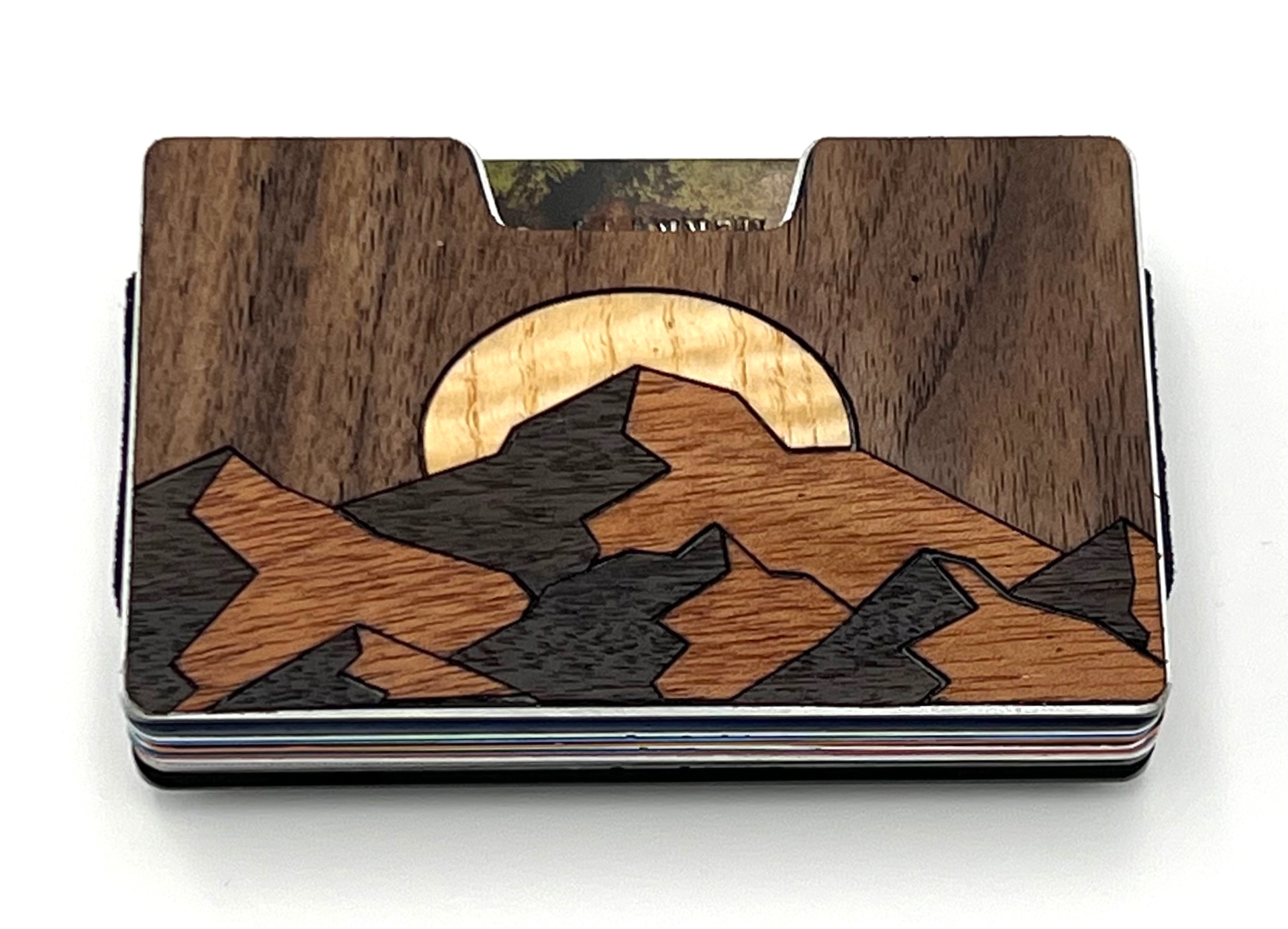 Geometric mountain range and rising sun wood inlay wallet