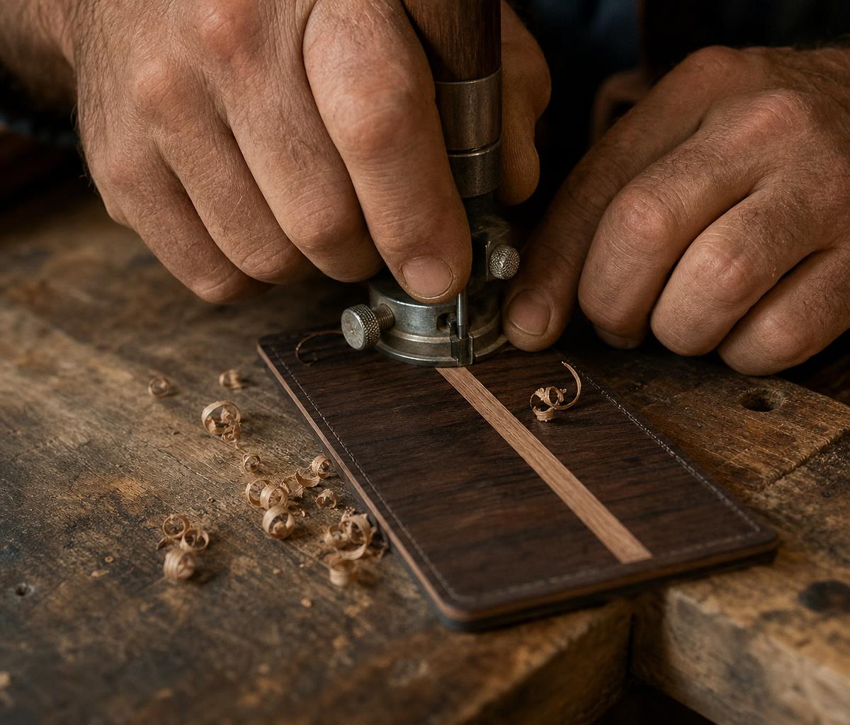 Craftsman setting a wood inlay into a wallet blank